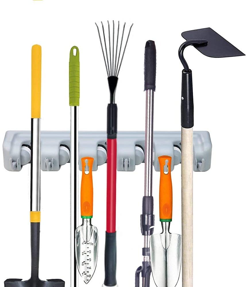 SHREE HANS CREATIONWall Mounted Mop and Broom Holder with 5 Slot Position with 6 Hooks Garage Storage up to 11 Tools Wall Mounted and Upgraded with Effective Strong Holding.
