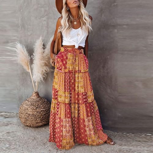 Boho Maxi Skirts for Women Pleated High Waisted Tiered A Line Skirt 2025 Summer Casual Flowy Long Skirts with Pockets2