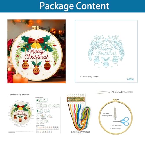 Image of Zhenqing Merry Christmas Embroidery Kit for Beginners, Red Bells and Ornaments Craft Set with 20cm Hoop, Printed Design on 29x29cm Cotton Fabric, DIY Holiday Wall Art (C0036)