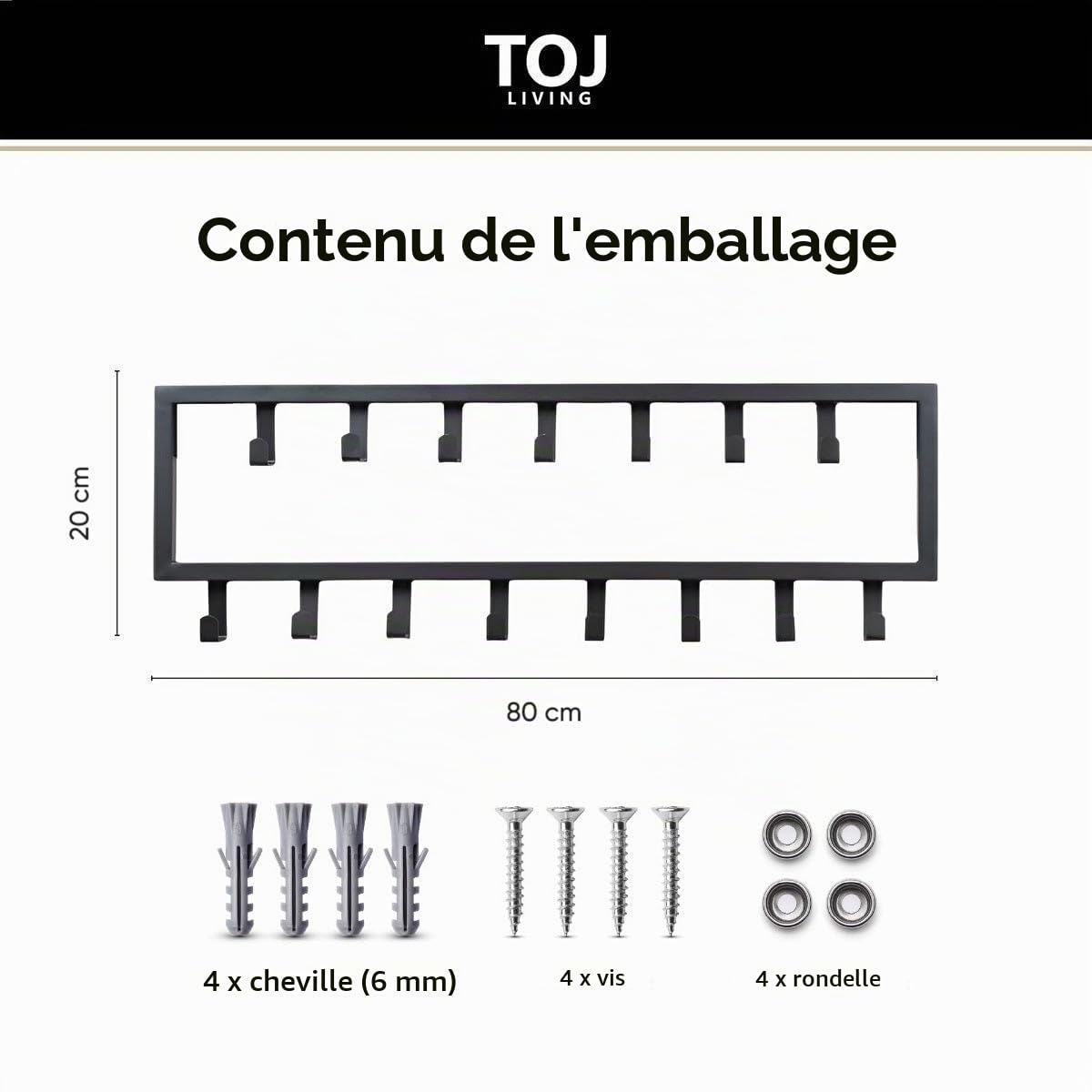 TOJ Porte-manteau mural avec 15 crochets - Porte-manteau mural suspendu - Porte-manteau - Acier inoxydable - 80CM - Noir mat