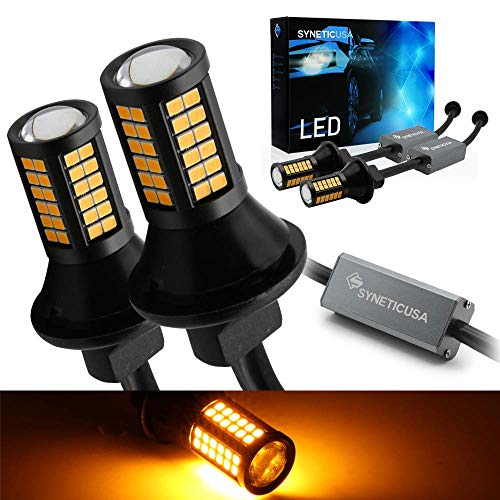 Syneticusa 7443 Error Free Canbus Ready Yellow/Amber LED Front/Rear Turn Signal Light Bulbs DRL Parking Lamp No Hyper Flash All in One With Built-In Resistors