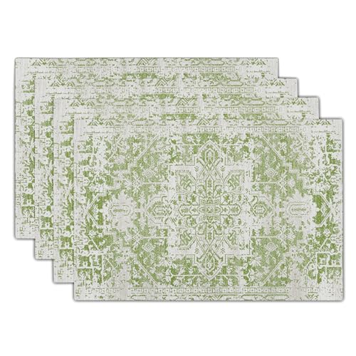 Image of Gray Lime Green Boho Placemats Set of 4 Ethnic Bohemian Carpet Place Mats Washable Kitchen Dining Vintage Grey Geography Floral Linen Table Mats Stain Heat-Resistant for Home Party Indoor 12x18 in