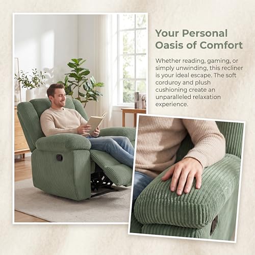 Image of Oversized Corduroy Recliner Chair, Manual Lazy Boy Recliner with Home Theater Seating, Breathable Living Room Reclining Chair for Adults Reading, Gaming, Relax, Green