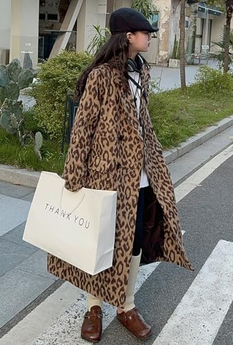utcoco Womens Leopard Long Wool Trench Coat Notched Lapel Double Breasted Pea Coat Winter Warm Overcoat4
