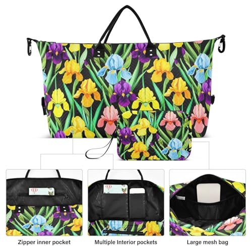 Colorful Iris Flower Dark Travel Duffel Bag for Men Women with Makeup Bag Weekend Overnight Carry On Bags for Hospital Travel Gym2