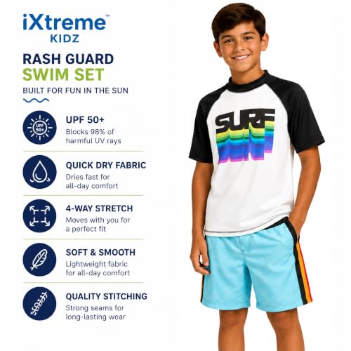 Image of iXtreme Boys Swim Set - 2 Piece Rash Guard Short Sleeve Swim Shirt and Boys Swim Trunks for Infants Toddlers & Big Boys