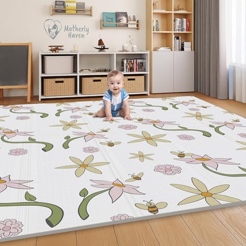 Image of Motherly Haven 79x71 Foldable Baby Play Mat for Floor, Extra Large Reversible Foam Play Mat for Babies 6-12 Months, Waterproof Portable Foam PlayMat for Tummy Time for Toddler - Flower and Bees