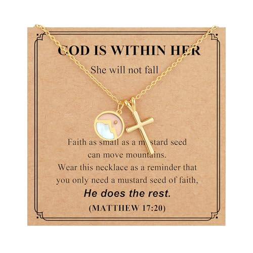 MOJOROUS 14K Gold Plated Mustard Seed Cross Necklace for Women Daughter Moving Mountains Faith Necklace Christian Religious Jewelry Confirmation First Communion Gift 16 + 2 Inches