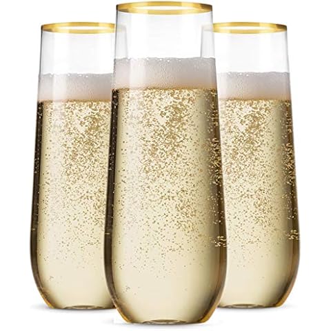 Munfix 48 Pack Stemless Plastic Champagne Flutes Disposable 9 Oz Gold Rim Clear Plastic Toasting Glasses Shatterproof Recyclable and BPA-Free Cover