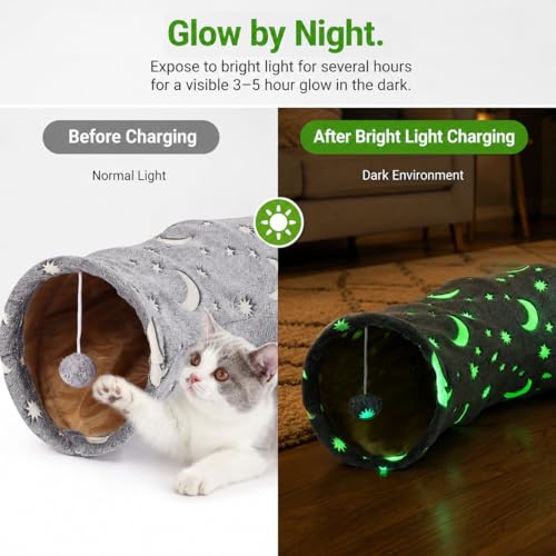 Image of Cat Tunnel Tube with Plush Ball Toys Collapsible Self-Luminous Photoluminescence, for Small Pets Bunny Rabbits, Kittens, Ferrets,Puppy and Dogs Grey Moon Star (S-Shape)