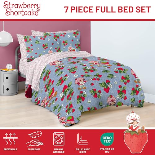 Image of Strawberry Shortcake Full Comforter Set 7 Piece Kids Bedding, Blue
