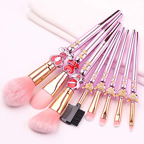 Sailormoon Makeup Brushes Set - 8pcs Plastic Handle Cosmetic Makeup Brush Set Professional Tool Kit Set Pink Drawstring Bag Included (Purple-2)
