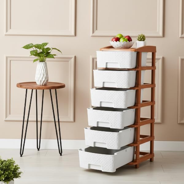Image of KITCHIVO Plastic Modular Drawer Storage Chest Of Drawers Organizer Storage Box, Large Stomo Racks For Multipurpose Anti-slip Shoes Organizers (White & Golden, 6 Layer)