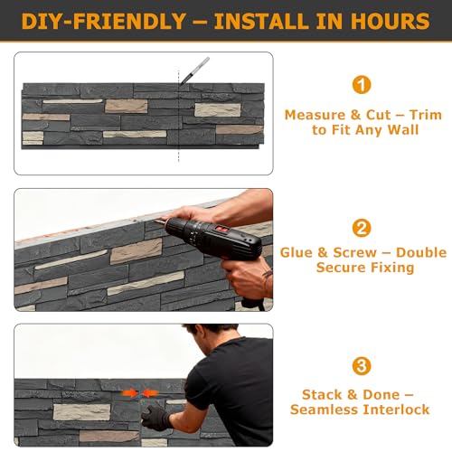 ROOMTEC 6-Packs Faux Stone Wall Covering Panels for Interior and Exterior Decor, PU Stone Veneer Exterior, Exterior Siding Panels for DIY Home Improvement Projects, 46.46\" x 12.99\"