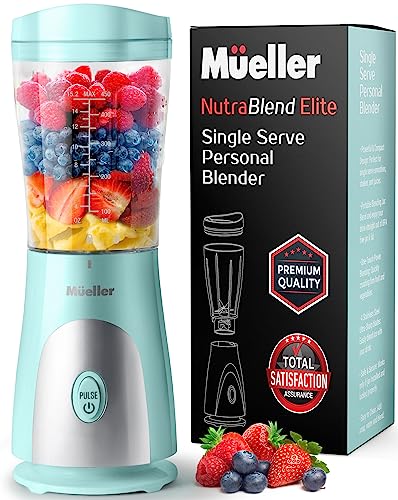 Mueller Personal Blender for Shakes and Smoothies with 15 Oz Travel Cup and Lid, Juices, Baby Food, Heavy-Duty Portable Blender & Food Processor, Turquoise