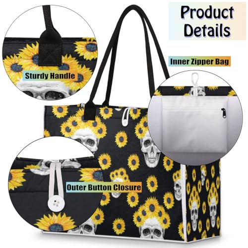 Sunflower Wreath Skulls Tote Bag for Women Large 16.5x13x6.7 Inch Shoulder Bag with Zipper Pocket Felt Work Bag for Laptop Travel Shopping Beach Pool4