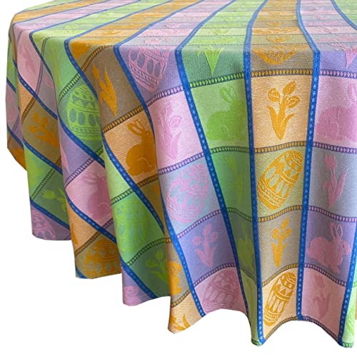 Home Bargains Plus Bunny Jubilee Easter Patchwork Woven Plaid Cotton Tablecloth, Pastel Easter Egg And Floral Plaid Woven Spring Fabric Tablecloth, 60” X 84" Oval #TOP4