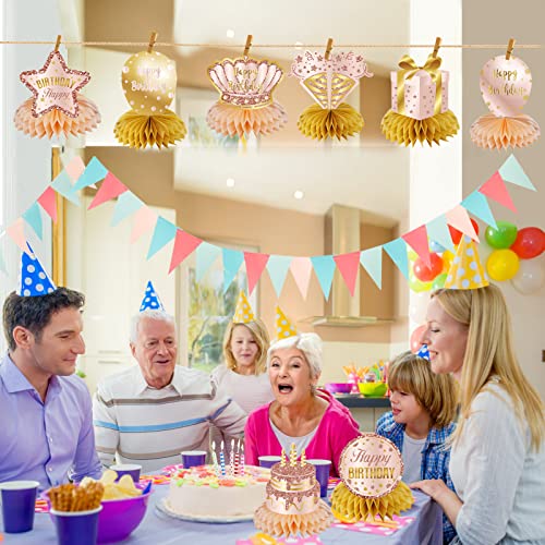 Pink Rose Gold Birthday Decorations Table Honeycomb Centerpieces For Women Girls, 8Pcs Happy Birthday Table Party Supplies, 10Th 16Th 21St 30Th 40Th 50Th 60Th Bday Table Sign Decor #TOP3