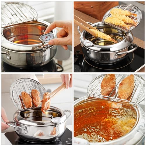 HOLIDYOYO Frigideira profunda, frigideira tempura com tampa panela de fritura de aço inoxidável com