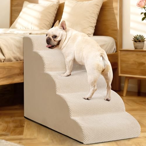 Image of Aodisman Dog Stairs for High Beds,5 Step Pet Ramp for Dogs and Cats,22.4 inch H | High-density foam dog steps for beds and window sills, with a non-slip bottom for puppies and senior cats,comfortable,Beige