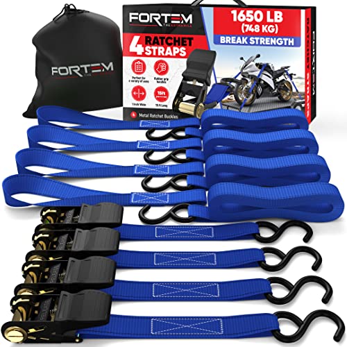 FORTEM Cinghie a Cricchetto, Resistenza fino a 748 Kg, Set da 4 Cinghie di Fissaggio da 4,57 m, 4 Maniglie Morbide, Cinghie Fissaggio per Moto, Ganci in Metallo Rivestiti, Custodia Inclusa (Blu)