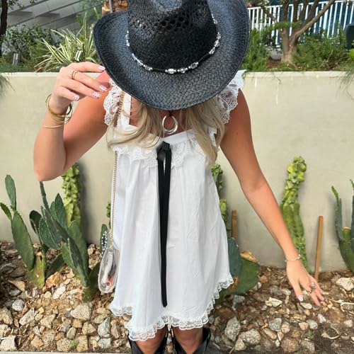 Image of Women Y2K Babydoll Mini Dress Cute Bow Lace Trim Pleated Ruffle Short Sundress Casual Party Vacation One Pieces