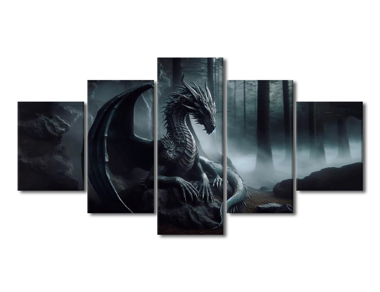 TUMOVO Wall Decor for Bedroom Dragon Art Prints 5 Piece Wall Art Framed Art Wall Decor Mythical Creatures Artwork for Walls Modern Home Decor Family Wall Decor Canvas Art Wall Hanging, 60"x32"