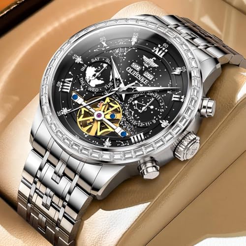 Image of OUPINKE Watch for Men Skeleton Self Winding Mechanical Automatic Luxury Dress Black Wrist Watch Waterproof Luminous Tungsten Sapphire Crystal