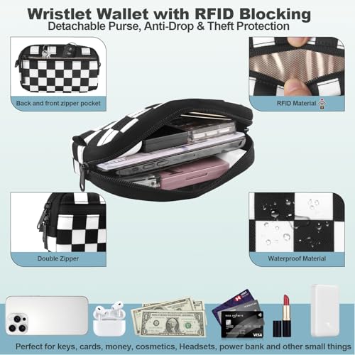 Image of YFWE Clip and Go Strap for Phone with Wallet Crossbody, Adjustable Phone Lanyard with Detachable RFID Wristlet Wallet, Phone Strap with Phone Tabs for All Phones, Black Checkered (L)
