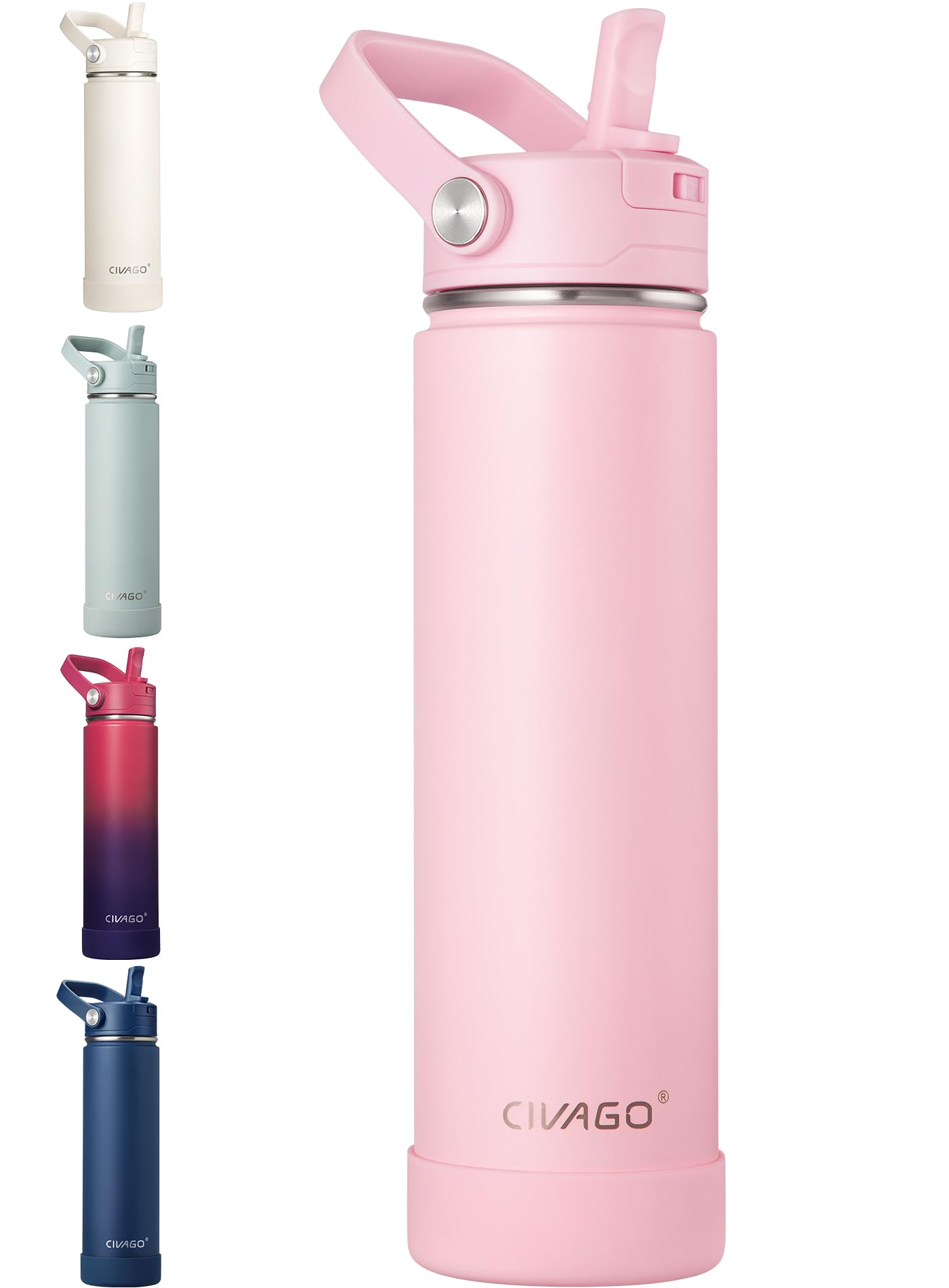 CIVAGO Insulated Stainless Steel Water Bottle with Detachable Straw, 750ml Metal Sports Drink Bottle with Bucket Handle, Leakproof Reusable Flask with Silicone Boot for Travel, Dishwasher Safe, Pink