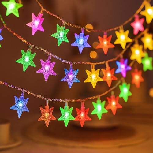 Image of MPROW Star String Lights - 20 LED Multicolor Hanging Fairy Lights with 8 Modes & Remote - Waterproof Decorative Lights for Bedroom, Diwali, Christmas, Wedding, and Outdoor Garden