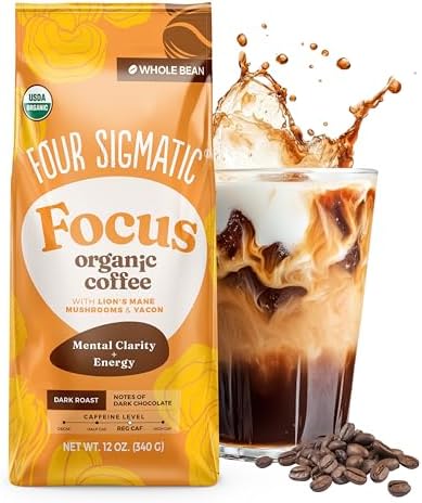 Four Sigmatic Dark Roast Organic Whole Bean Coffee | Whole Beans Coated with Lion's Mane, Chaga Mushrooms | Nootropic Mushroom Coffee for Enhanced Brain Function & Immune Support | 12oz