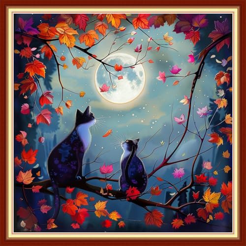 Image of Funxvoot Stamped Cross Stitch Kits for Beginners or Adults Embroidery Starter Patterns | DIY Printed Cross Stitch Kits Needlepoint for Adults or Kids 11CT-Cat Admiring the Moon 18x18 inch