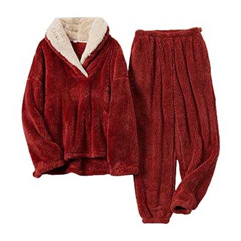 Yassiglia Women's Winter Warm Fleece 2 Piece Pajamas Sets Flannel Plush Pullover Hoodie + Pants Loose Loungewear Sleepwear (Red , XXL ) Cover