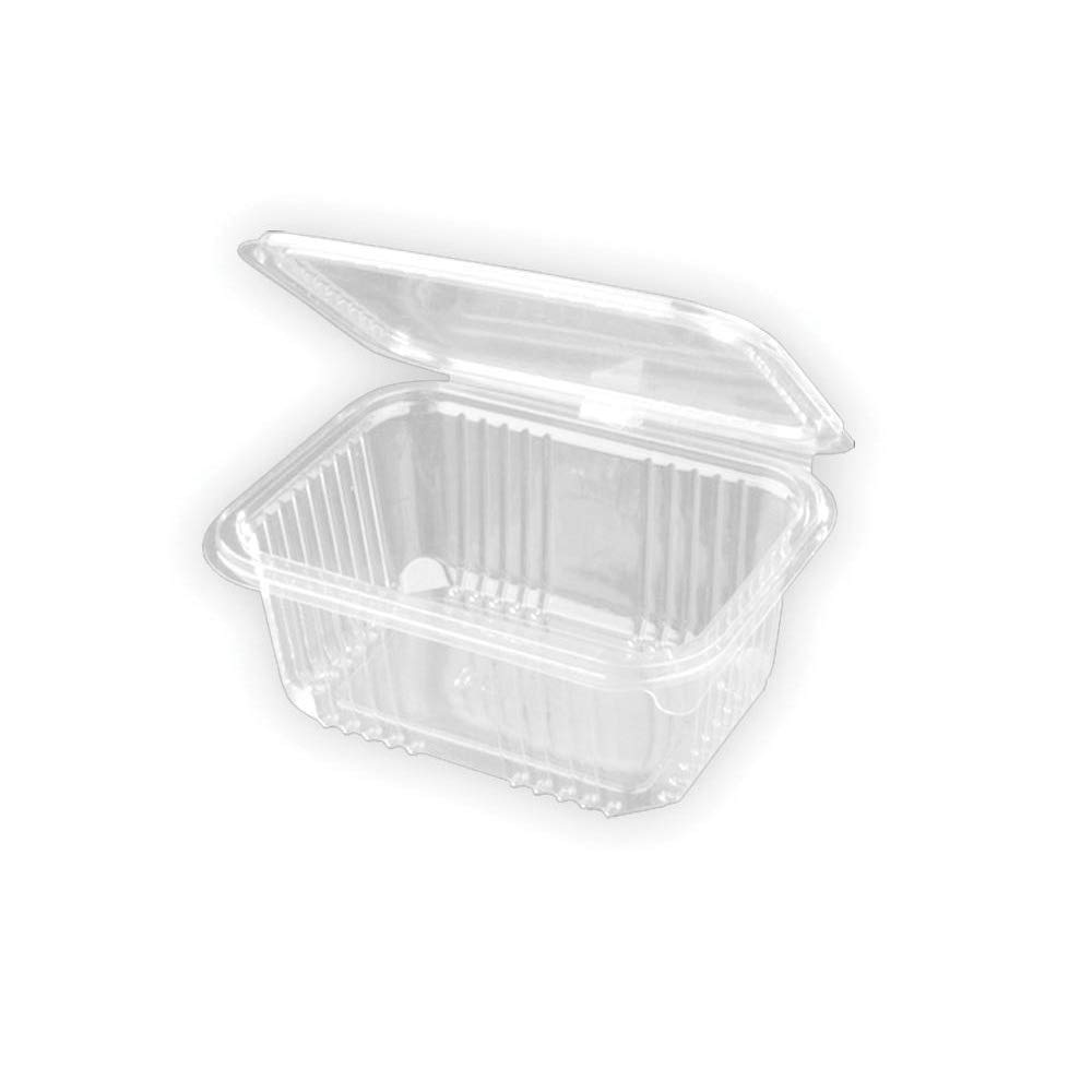 500 uds - Envase recipiente para comidas frías con tapa bisagra rectangular - Capacidad 500 ml - Polietileno (PET) transparente