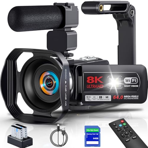 Câmera de vídeo digital 8K 64MP,Transmissão WiFi, Zoom de 18X,Tela sensível ao toque de 3,0 polegadas, microfone externo, controle remoto, duas baterias, visão noturna infravermelha,64 GB