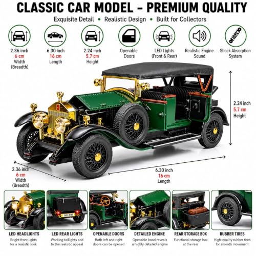 Image of Invite Enterprise1:32 Vintage Classic Die Cast Model Car with Sound & Light, Pull Back Action, Openable Doors, Collectible Toy Car for Kids & Adults- Multicolor