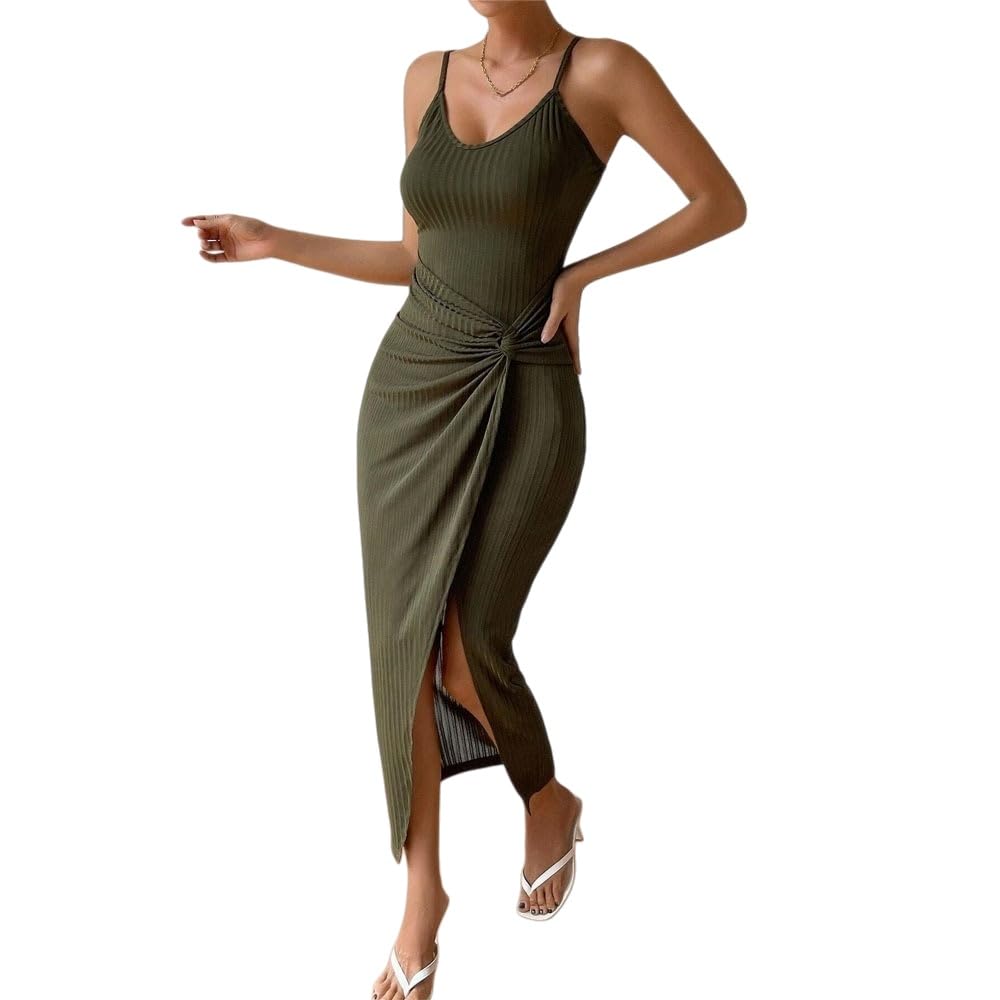 Genérico Vestidos Largos Ajustados para Mujer Sexys Sin Espalda con Tirantes Finos Escote En U Elegantes y Cómodos con Cintura Retorcida y Abertura Alta para Fiestas O Citas Informales.
