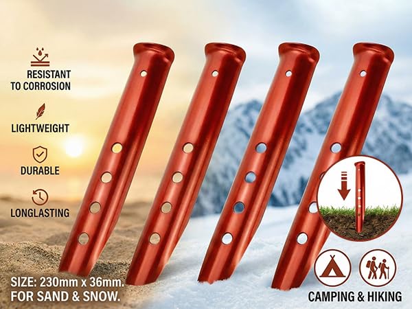 KUMGROT Estacas para Tienda de Campaña U-Forma 4 Piezas 9.06 Pulgadas Naranjas de Aluminio para Nieve Arena Playa miniatura 3