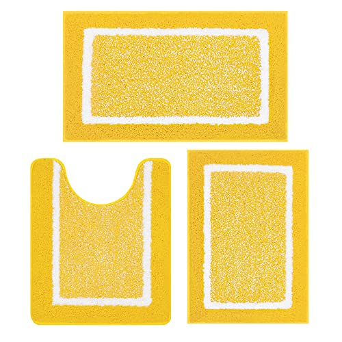 Pauwer Bathroom Sets - 3 Piece Shower Rugs with U-Shaped Contour Toilet Mat, Absorbent Microfiber Plush Bath Mats, Non Slip, Machine Washable Shaggy Floor Mats, Yellow