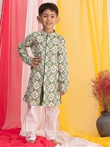 Image of VASTRAMAY Boys Cotton Kurta Pyjama Set - Kantha Work Ethnic Wear for Janmashtami, Rakhi, Diwali & Festive Celebrations