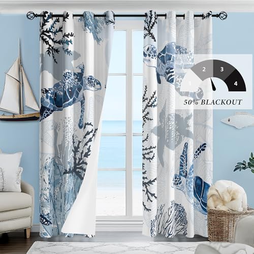 Nautical Coastal Curtains Decorative Beach Ocean Sea Turtle Coral 50% Light Blocking Sea Darkening Grommet Curtain For Villa Living Room, Bedroom Navy Blue and White 2 Panels Set, 52x84 Inches - Image 2