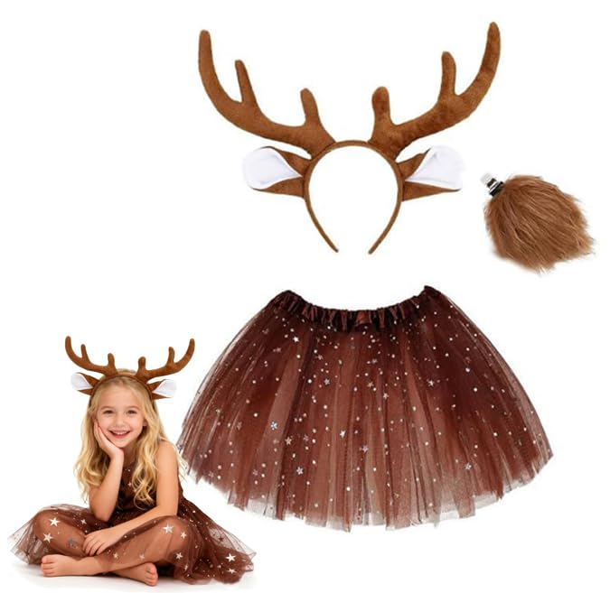 Yinxiang Jie Deer Antler Headband Set Realistic Deer Antler Headband reindeer ears small tail and short skirt Christmas party role-playing reindeer set Christmas Eve costume gift
