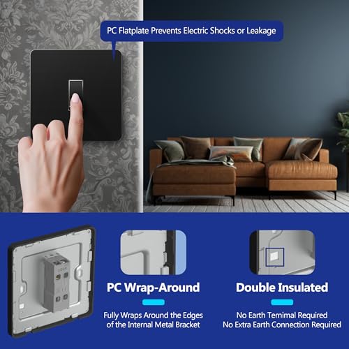 Lider 1-Gang Screwless Light Switch, 1-Way/2-Way, Ukca Certified, Screwless Plastic Faceplate, Thermoplastic, Round Edges, 16A, Glossy Finish, Black, 2 Pack - 5