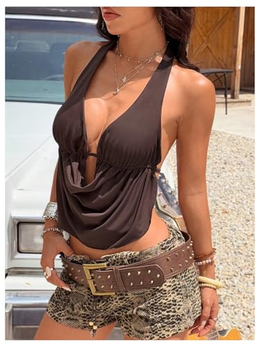 SHENHE Women's Sexy Y2k Going Out Halter Crop Top Open Back Draped Deep V Neck Tank Clubwear3