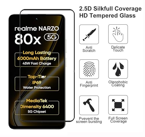 Image of Tempered Glass Screen Protector Compatible For Realme Narzo 80x (6.72 Inch) Black Cellphone With Edge To Edge Coverage And Easy Installation Kit