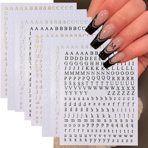 ROFIBUT Letters Nail Art Stickers English Alphabet Nail Decals 3D Self-Adhesive Metallic Gold Silver Nail Sticker Black Alphabet Nail Art Supplies for Women Girls DIY Nail Decoration Manicure 8 Sheets