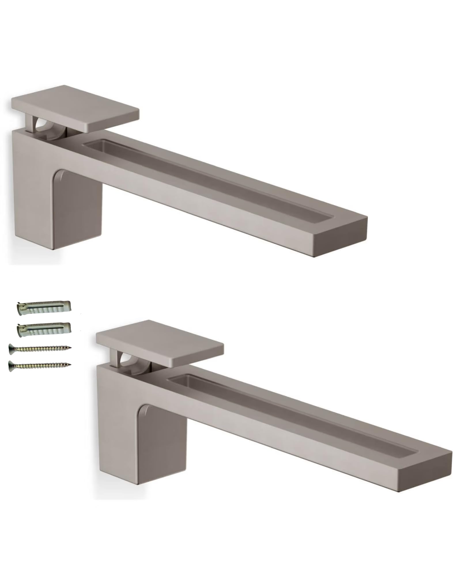 Gedotec Pack of 2 Shelf Brackets Satin Nickel for Glass Shelves 10 to 50 mm, Heavy Duty Metal Clamping Shelf Support - 50 kg, Shelf Holder for Glass and Wooden Panels, Wall Mount for Bathroom Kitchen