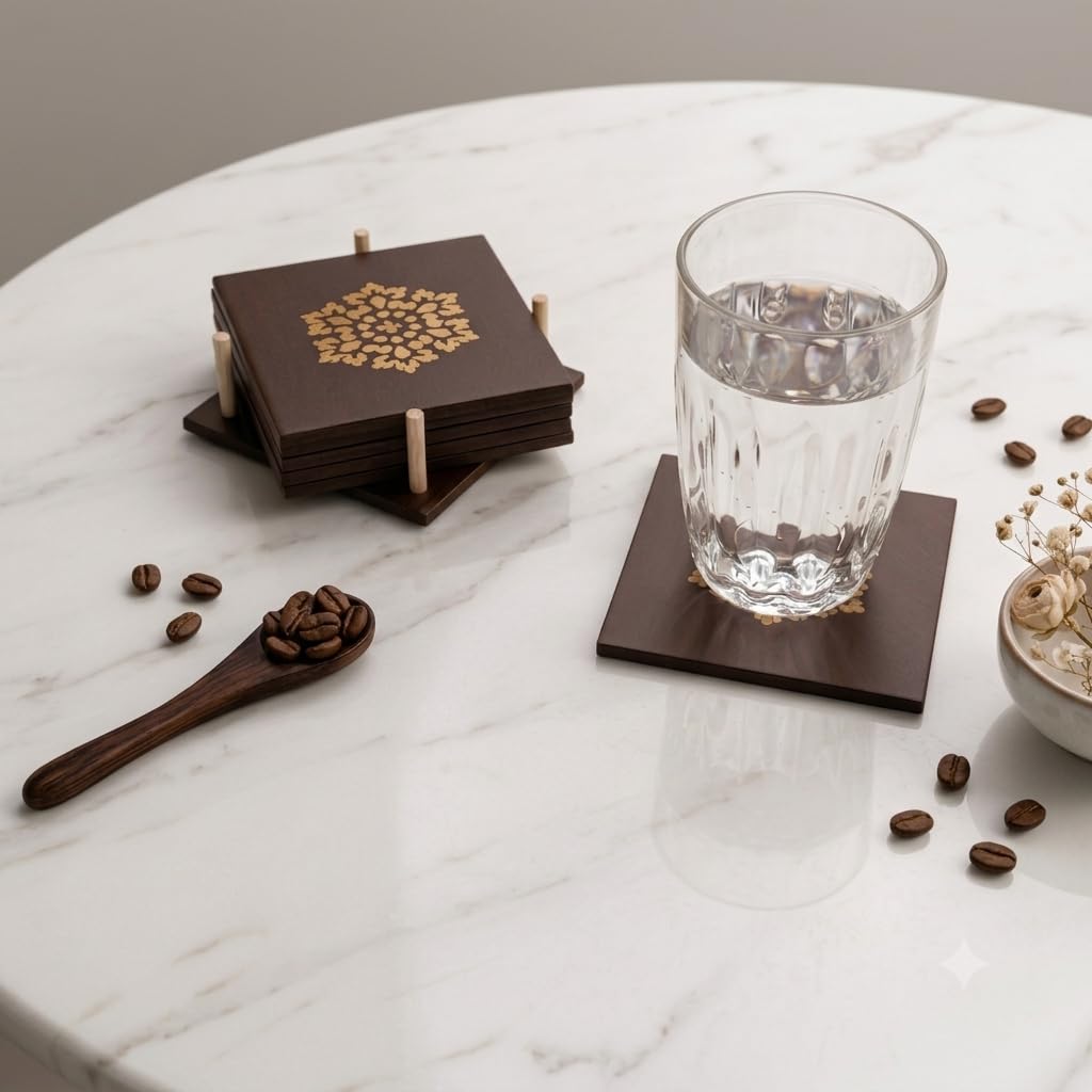 Premium Handmade Wooden Tea Coasters for Dining Table Set of 4 with Holder 150°C high Heat Resistant Drink Coasters for Coffee Mugs, Cups and Glasses hardWood walnut with golden design Gifting