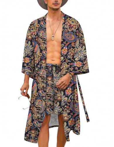 COOFANDY Kimono Robe Festival Outfits For Men Floral Summer Shorts And Crop Top Set Beach Open Front Long Cardigan Black